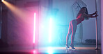 Woman, artist or neon lights with pole for dancing, tease performance or sexy movement in routine. Show, exotic and body of dancer in nightclub for seduction, stripping skill or party entertainment