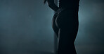 Sexy, stage and butt of woman in space for sensual art, creative performance and pole dance. Show, mockup and exotic dancer with entertainment, striptease and lingerie smoke at burlesque night club