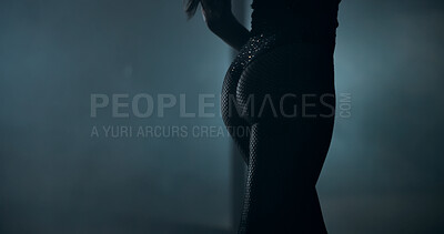 Buy stock photo Sexy, stage and butt of woman in space for sensual art, creative performance and pole dance. Show, mockup and exotic dancer with entertainment, striptease and lingerie smoke at burlesque night club
