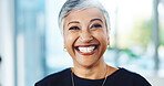 Happy, professional and portrait of mature businesswoman in office with confidence for corporate career growth. Pride, smile and female financial manager from India with job development in workplace