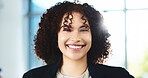 Happy, professional and portrait of businesswoman in office with confidence for corporate career growth. Pride, internship and female financial manager from Portugal with job development in workplace