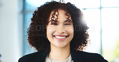 Buy stock photo Happy, professional and portrait of businesswoman in office with confidence for corporate career growth. Pride, internship and female financial manager from Portugal with job development in workplace