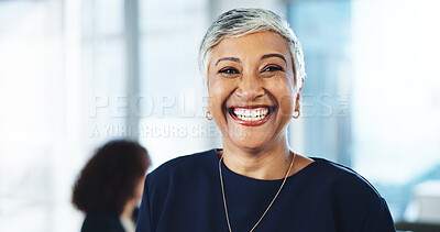 Buy stock photo Happy, finance and portrait of mature businesswoman in office with confidence for corporate career growth. Pride, smile and female financial manager from Mexico with job development in workplace.