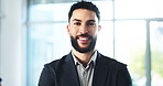 Business, man and smile with portrait in office for career ambition, government service or legal counsel. Corporate lawyer, employee or happy at law firm for about us and legislation of public rights