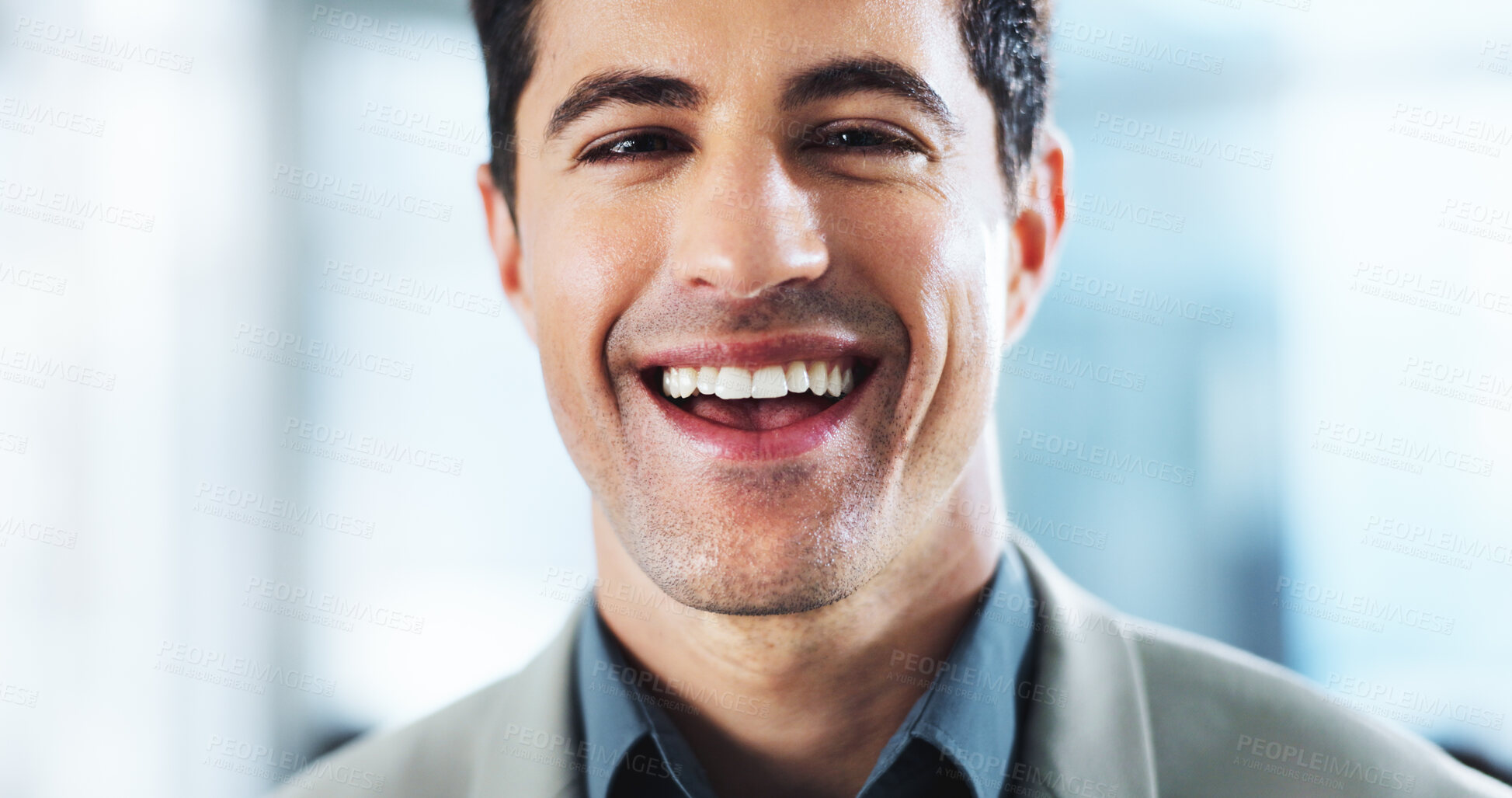 Buy stock photo Happy, professional and portrait of businessman in office with confidence for corporate career growth. Pride, smile and face of male financial manager from London with job development in workplace.