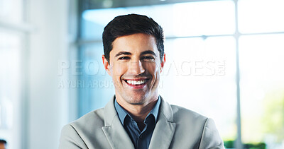 Buy stock photo Business, man and happy with portrait in office for legal career, professional service and about us. Corporate lawyer, employee and confidence at law firm for litigation management or court justice