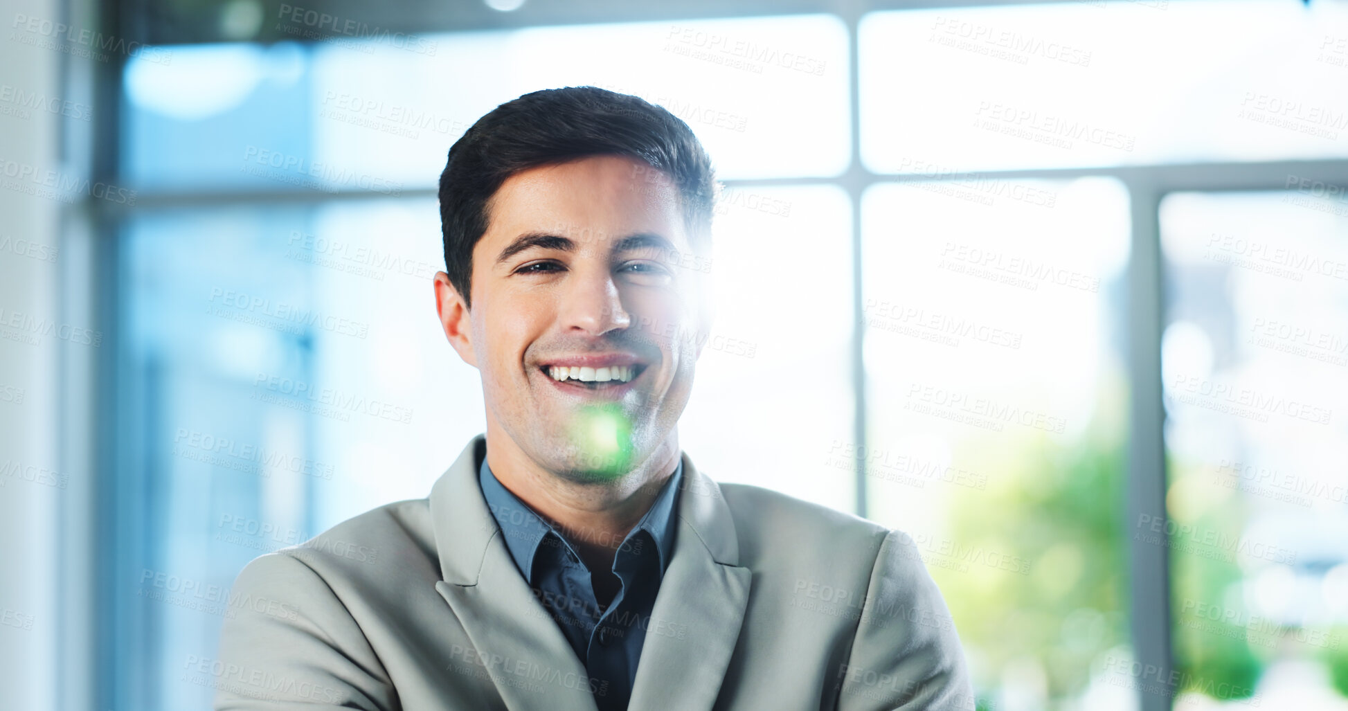 Buy stock photo Happy, confident and portrait of businessman in office with pride for finance career growth. Lens flare, internship and face of male financial advisor from Canada with job development in workplace.