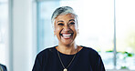 Laugh, professional and portrait of mature businesswoman in office with confidence for corporate career. Pride, happy and female financial manager from Mexico with job development in workplace.