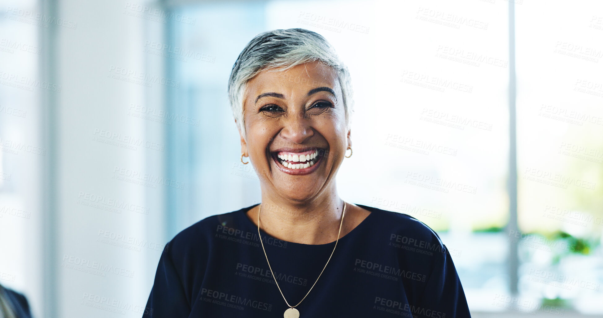 Buy stock photo Laugh, professional and portrait of mature businesswoman in office with confidence for corporate career. Pride, happy and female financial manager from Mexico with job development in workplace.