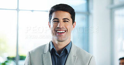 Buy stock photo Business, man and happy with portrait at law firm for legal justice, government service and career confidence. Corporate lawyer, employee and smile in office for litigation management and about us