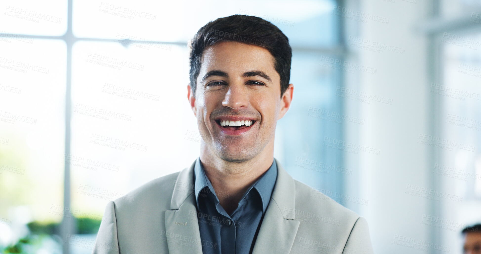 Buy stock photo Business, man and happy with portrait at law firm for legal justice, government service and career confidence. Corporate lawyer, employee and smile in office for litigation management and about us