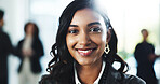Lawyer, woman and smile with portrait in office for legal career, professional service and company pride. Corporate business, employee and smile at law firm for litigation management and confidence