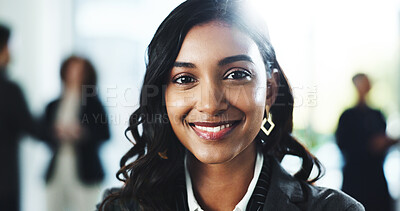 Buy stock photo Lawyer, woman and smile with portrait in office for legal career, professional service and company pride. Corporate business, employee and face at law firm for litigation management and confidence