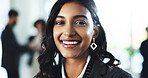 Happy, meeting and portrait of businesswoman in office with confidence for corporate career growth. Pride, internship and female financial manager from India with job development in workplace.