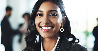 Buy stock photo Happy, meeting and portrait of businesswoman in office with confidence for corporate career growth. Pride, internship and female financial manager from India with job development in workplace.