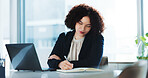 Writing, notebook and laptop with business woman in office for schedule reminder, agenda notes and planning. Administration tasks, appointment and secretary booking with employee for research