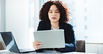Laptop, office and business woman with tablet for financial report, budget review or bookkeeping. Technology, corporate accountant and auditor reading email for revenue update, investment and payroll
