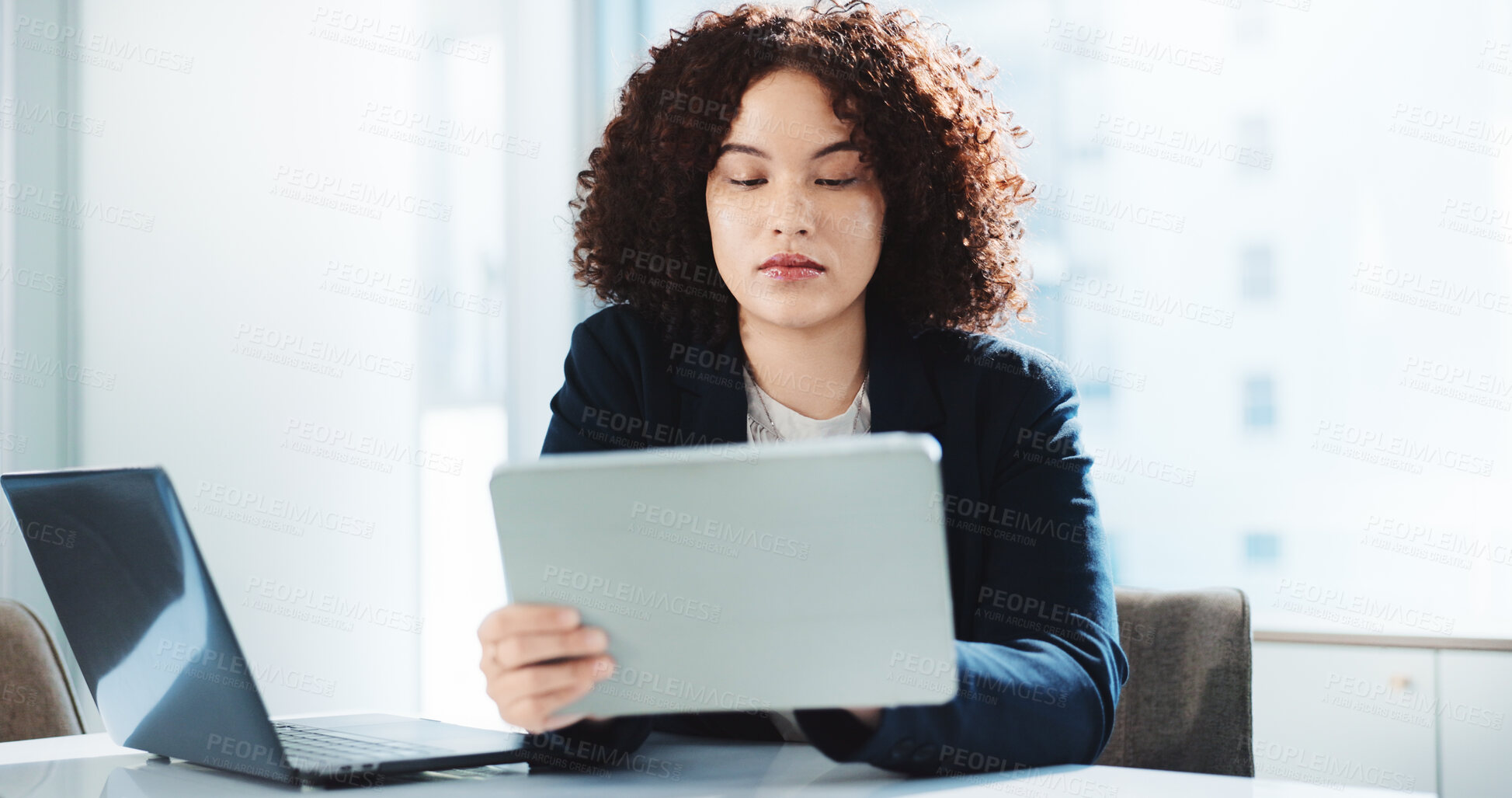 Buy stock photo Laptop, office and business woman with tablet for financial report, budget review or bookkeeping. Technology, corporate accountant and auditor reading email for revenue update, investment and payroll