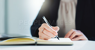 Buy stock photo Writing, notebook and hands of business woman in office for schedule reminder, agenda notes and planning. Administration tasks, appointment and secretary booking with closeup of employee for research