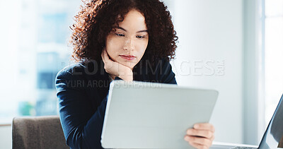 Buy stock photo Thinking, tablet and reading with business woman in office for problem solving, financial advisor and client solution. Online report, reflection and accounting audit with person for investor decision