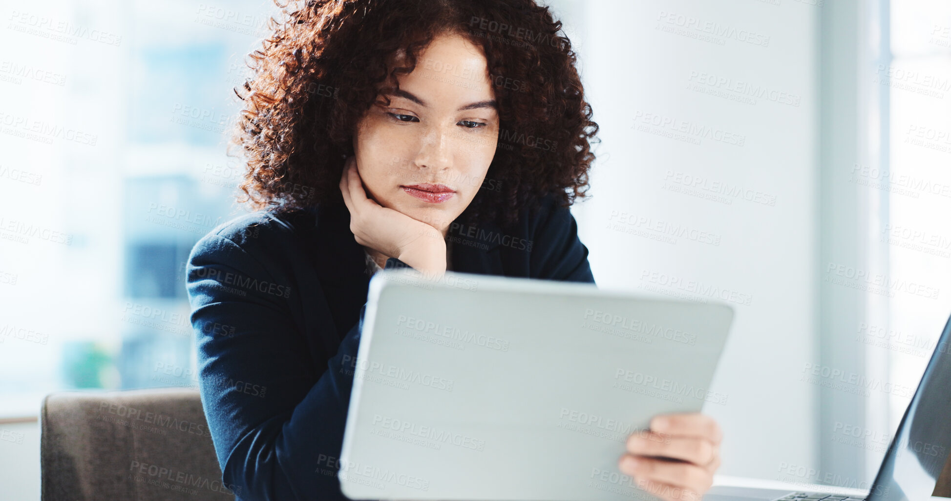 Buy stock photo Thinking, tablet and reading with business woman in office for problem solving, financial advisor and client solution. Online report, reflection and accounting audit with person for investor decision