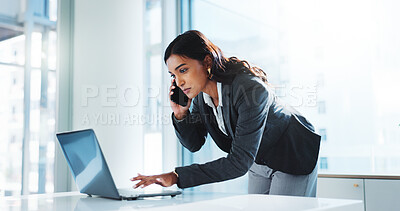 Buy stock photo Phone call, typing and laptop with business woman in office for stock broker, negotiate funds and client contact. Financial advisor, planning and portfolio manager with person for investment review