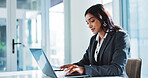 Laptop, accountant and business woman typing financial report, budget review and bookkeeping. Computer, corporate office and auditor writing email for revenue update, investment research and payroll