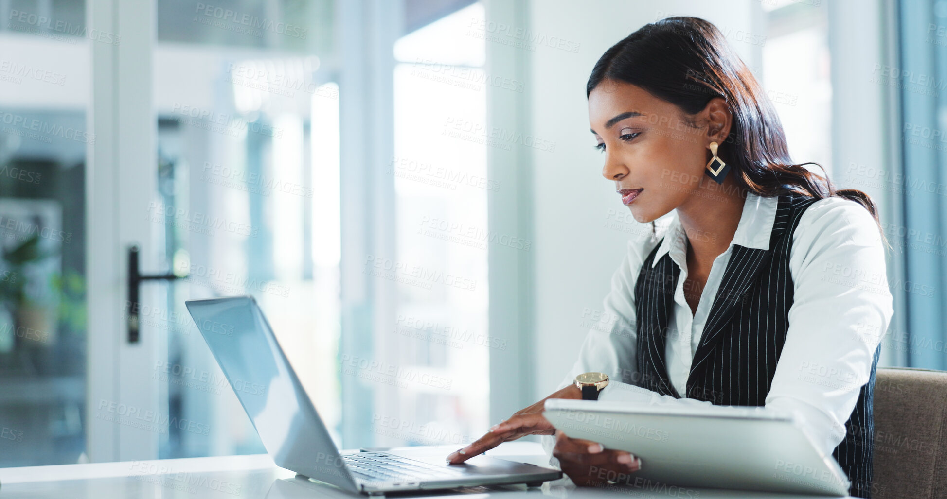 Buy stock photo Office, serious and business woman on laptop for insurance, risk management or policy sales on internet. Technology, tablet or employee reading email for financial coverage, review claims or research