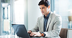 Laptop, accountant and business man typing financial report, budget review and bookkeeping. Computer, corporate office and auditor writing email for revenue update, investment research and payroll