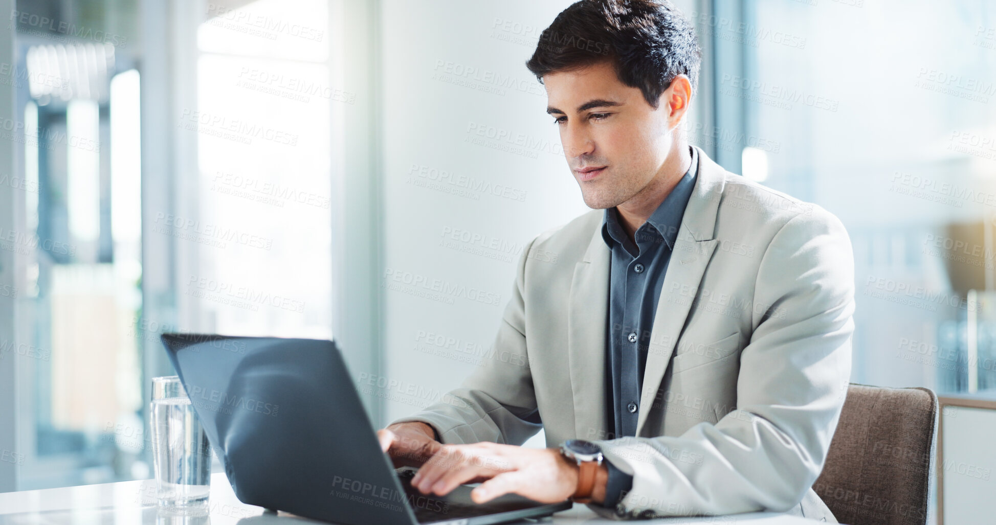 Buy stock photo Laptop, accountant and business man typing financial report, budget review and bookkeeping. Computer, corporate office and auditor writing email for revenue update, investment research and payroll