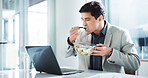 Business, man and eating with laptop in office for working break, proposal deadline and reading online research. Corporate, employee and salad bowl at desk for healthy lunch, hungry and productivity