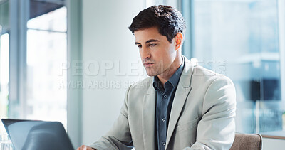 Buy stock photo Laptop, serious accountant and business man with financial report, budget review or bookkeeping. Computer, corporate office or auditor writing email for revenue update, investment research or payroll