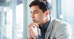Thinking, planning and business man in office for problem solving, financial advisor and client solution. Brainstorming, reflection and accounting audit with person in agency for investor decision