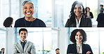 Portrait, collage and employees with smile, office and confident for job promotion or positive mindset. Corporate, happy and business people with ambition for career growth and opportunity in company