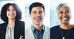 Group, collage and employees with smile, office and confident for job promotion or positive mindset. Corporate, portrait and business people with ambition for career growth and opportunity in company