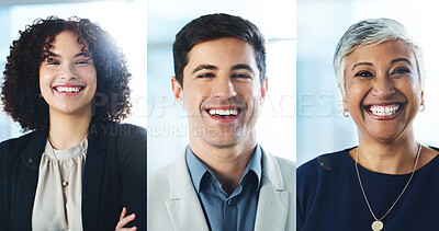 Buy stock photo Group, collage and employees with smile, office and confident for job promotion or positive mindset. Corporate, portrait and business people with ambition for career growth and opportunity in company