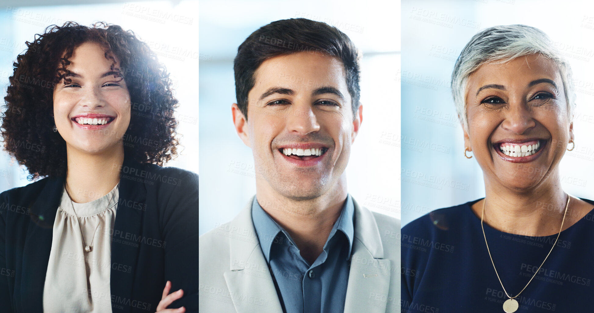 Buy stock photo Group, collage and employees with smile, office and confident for job promotion or positive mindset. Corporate, portrait and business people with ambition for career growth and opportunity in company