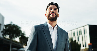 Buy stock photo Thinking, business and man in city, smile and confidence with wonder, contemplation and ideas. Person, employee and consultant in street, decision and thoughtful with choice, happiness and New York