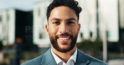 Buy stock photo Portrait, smile and corporate businessman in city for travel, commute and confident real estate agent. Happy worker, professional and realtor outdoor, housing consultant and property broker in Dubai