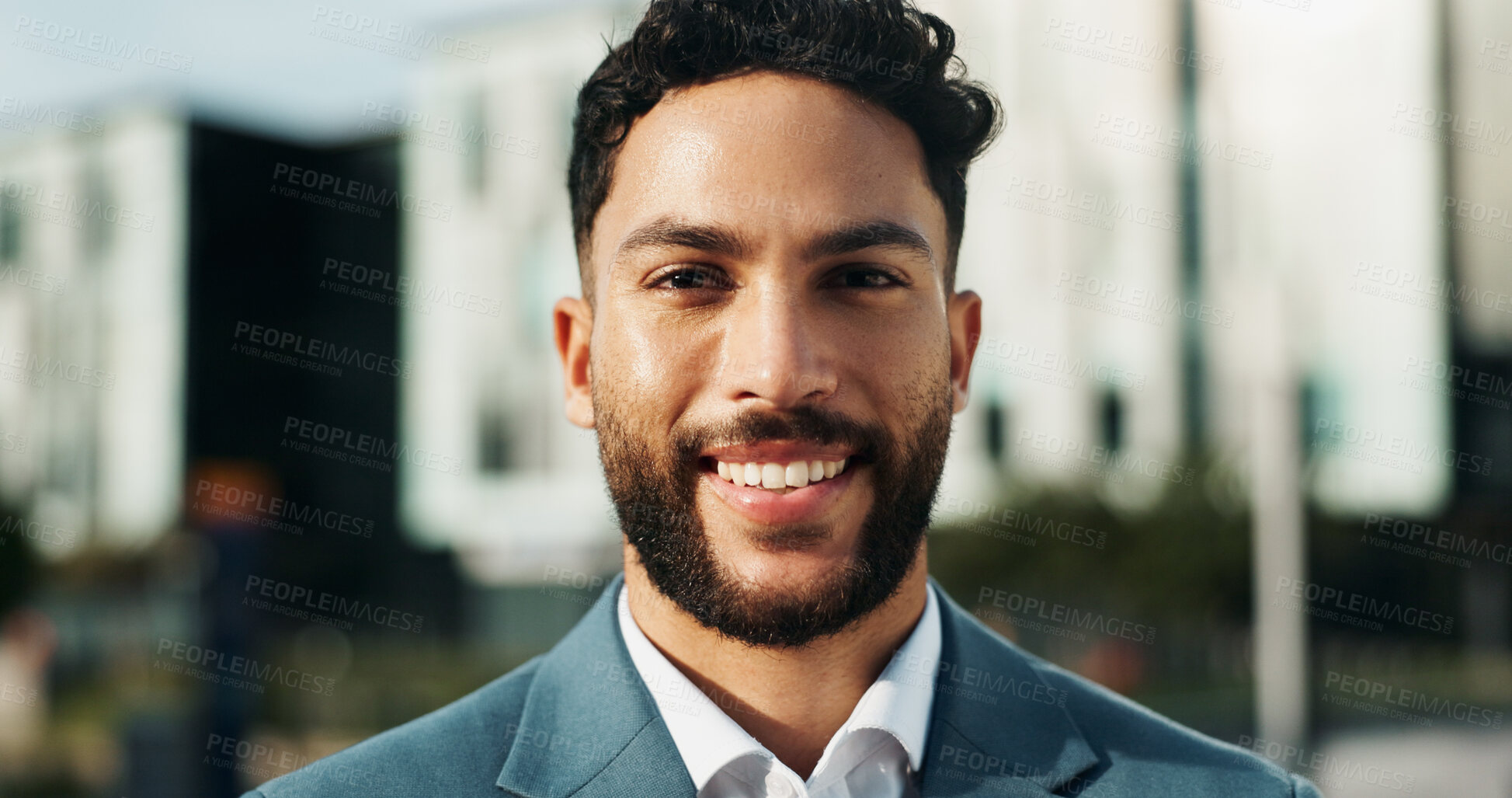 Buy stock photo Portrait, smile and corporate businessman in city for travel, commute and confident real estate agent. Happy worker, professional and realtor outdoor, housing consultant and property broker in Dubai
