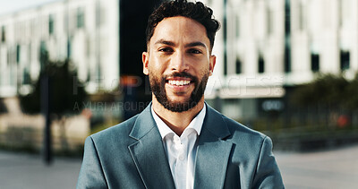 Buy stock photo Portrait, smile and corporate businessman outdoor for travel, commute and confident real estate agent. Happy worker, professional and realtor in city, housing consultant and property broker in Brazil