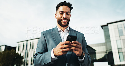Buy stock photo City, businessman and typing with phone for trading, online investment or happy with communication. Man, employee or trader with smile on mobile smartphone for stock market, finance app or network