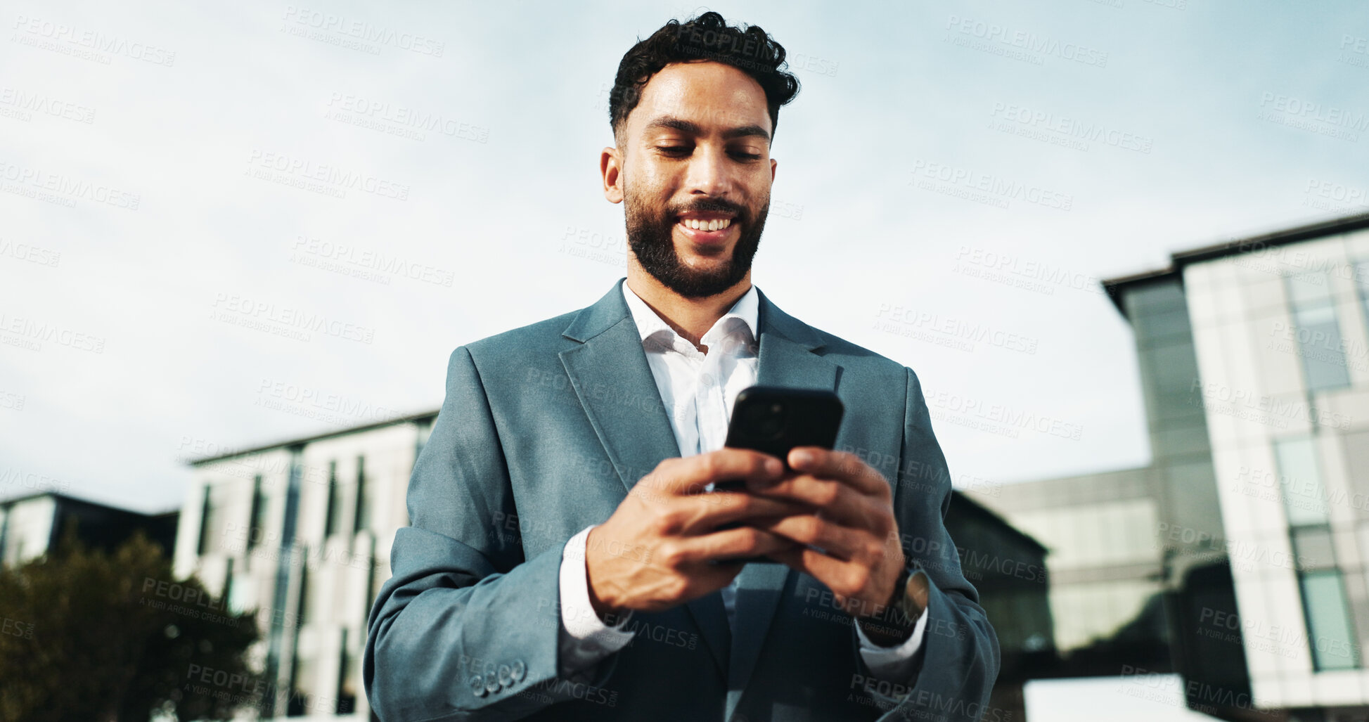Buy stock photo City, businessman and typing with phone for trading, online investment or happy with communication. Man, employee or trader with smile on mobile smartphone for stock market, finance app or network