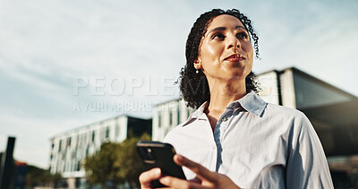 Buy stock photo Smile, thinking and phone with business woman in city for property developer, auction deal or vision. Real estate agent, client advisor and idea with person for networking, low angle or urban project