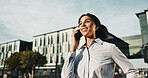 Smile, contact and phone call with business woman in city for property developer, auction deal or chat. Real estate agent, client advisor and mobile with person for networking and urban project