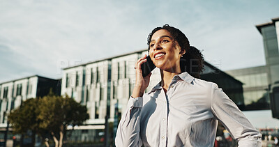 Buy stock photo Smile, contact and phone call with business woman in city for property developer, auction deal or chat. Real estate agent, client advisor and mobile with person for networking and urban project