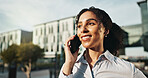 Business woman, conversation and city with phone call for real estate deal, negotiation or chat. Female person, realtor or agent talking with smile on mobile smartphone for proposal or discussion