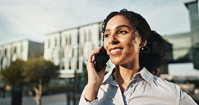 Buy stock photo Business woman, conversation and city with phone call for real estate deal, negotiation or chat. Female person, realtor or agent talking with smile on mobile smartphone for proposal or discussion