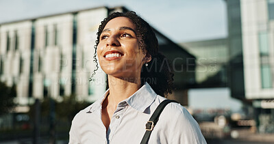 Buy stock photo Thinking, business and happy woman in city walking for morning commute, journey and travel. Professional, corporate and person with inspiration to start career, job opportunity and ambition in town