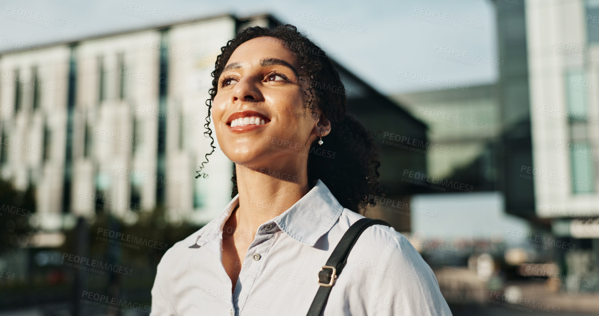 Buy stock photo Thinking, business and happy woman in city walking for morning commute, journey and travel. Professional, corporate and person with inspiration to start career, job opportunity and ambition in town